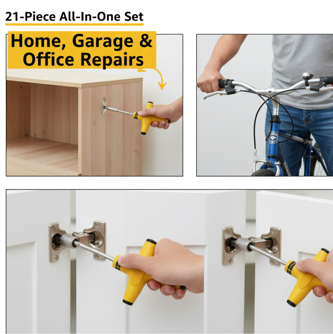 Three split images showing the T-shape ratchet being used for home repairs, with text overlay.