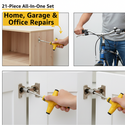 Three split images showing the T-shape ratchet being used for home repairs, with text overlay.