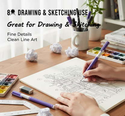 A person uses a purple gel pen to draw on a large sketchpad, surrounded by art supplies.