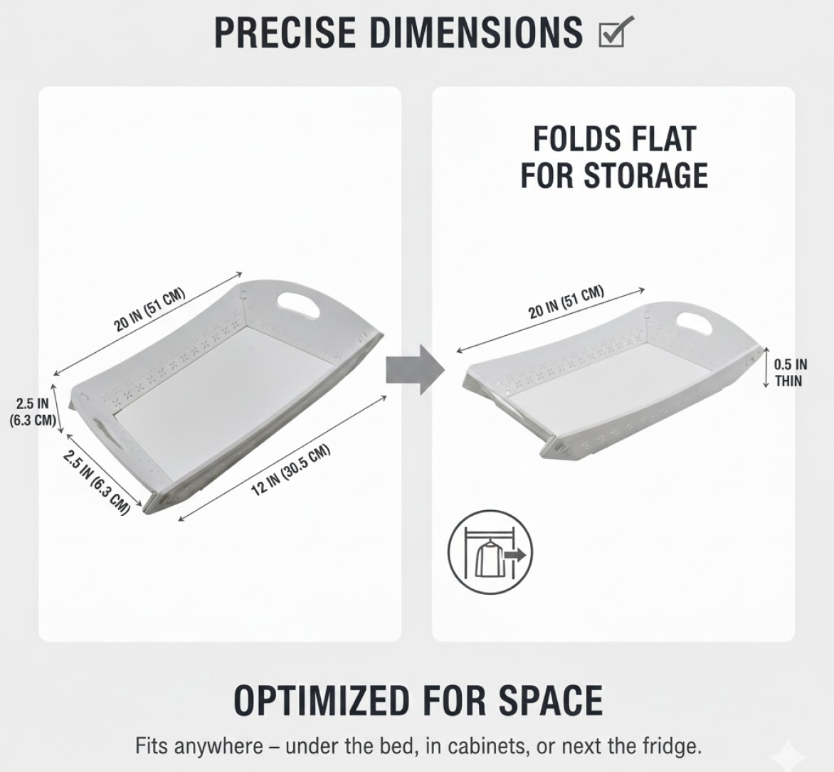 Two images illustrate the precise dimensions of the white tray when assembled and folded flat for storage.