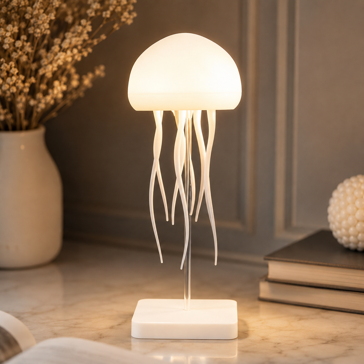 A white jellyfish-shaped LED lamp with glowing tentacles sits on a marble desk next to a white vase with dried flowers