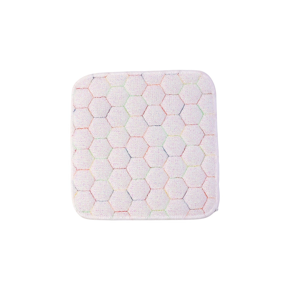 Close-up, top-down view of a white square cleaning cloth with a multicolored honeycomb pattern on a white background.