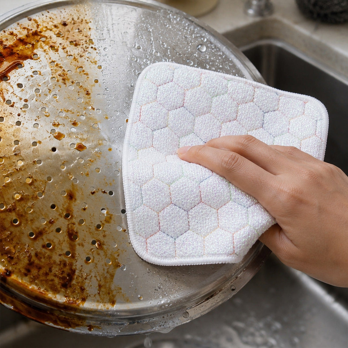 Hand scrubbing a dirty, perforated metal pan with a white honeycomb-patterned cleaning cloth in a sink.