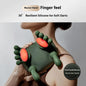 A woman's back and shoulder with a green bionic massager showing red lights on its 'fingers'. Text overlays describe the