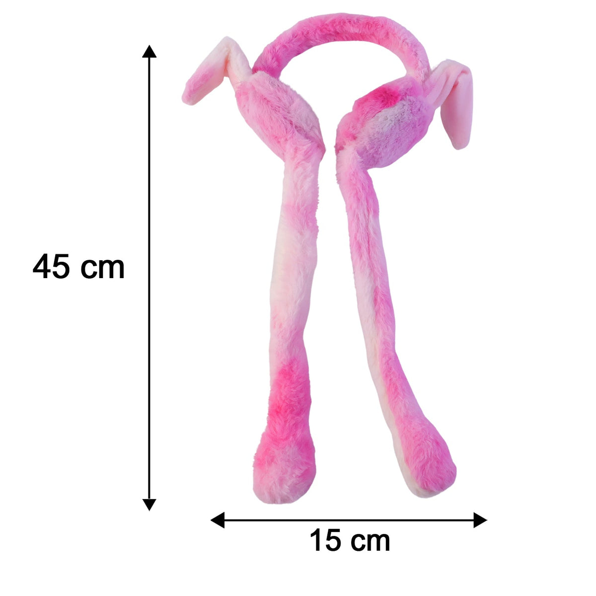 Pink and white plush bunny earmuffs with long tails, showing dimensions of 45 cm length and 15 cm width, against a white