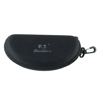 Closed black hard shell sunglasses case with a white logo and clip, against a plain white background.