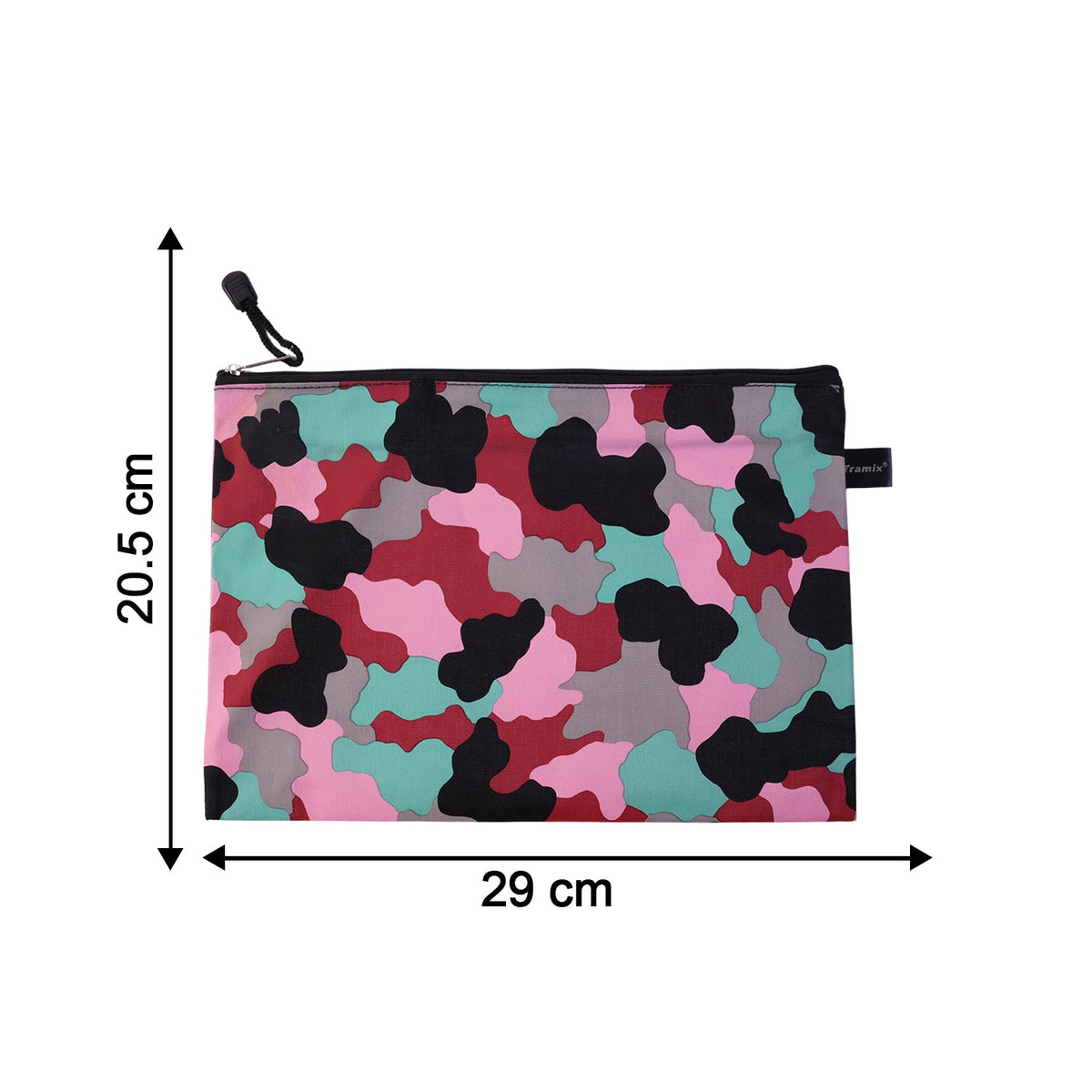 A flat, closed pouch with a pink, red, black, grey, and teal camouflage pattern, displaying its dimensions of 20.5 cm by 29