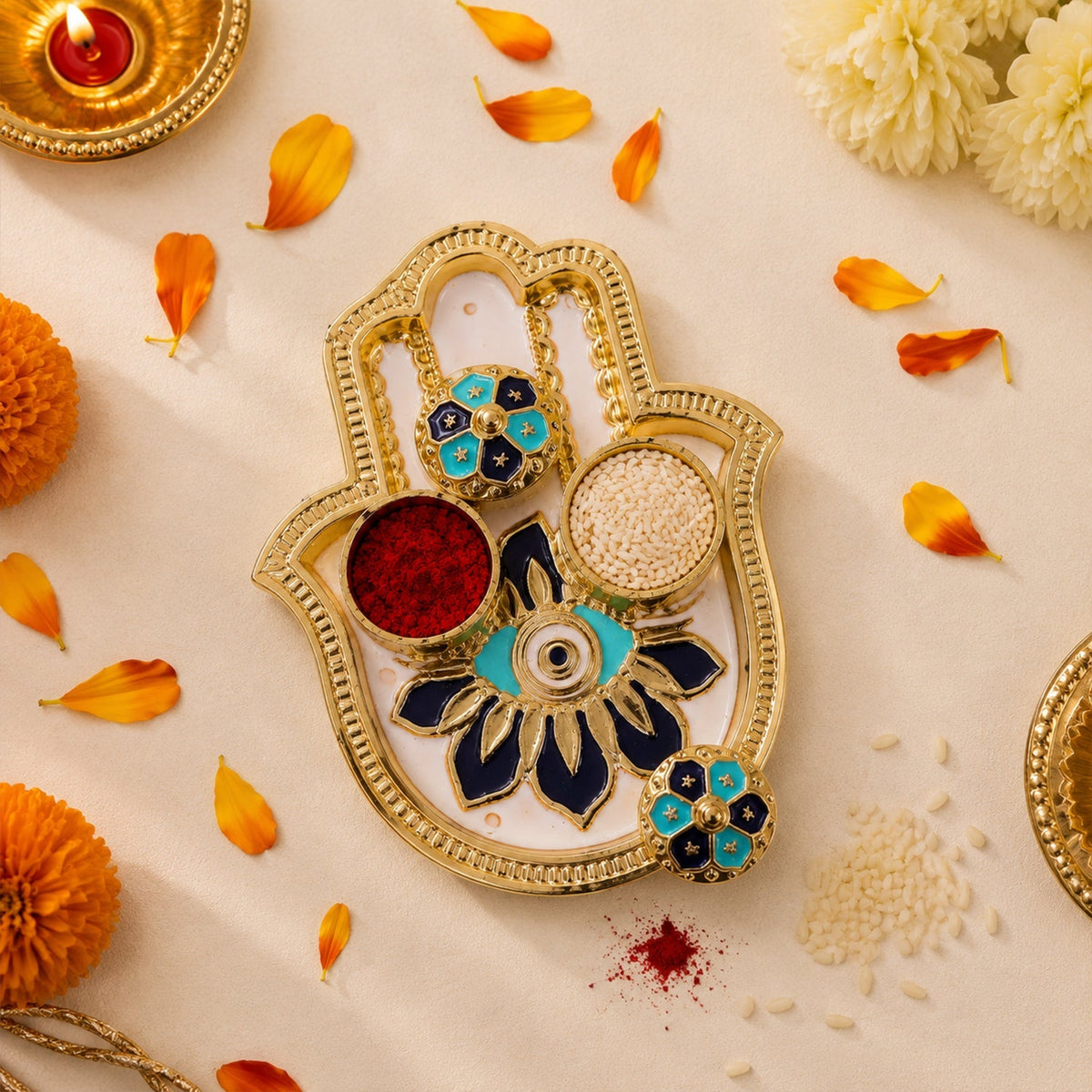 Hamsa hand thali with kumkum, rice, and blue enamel details, surrounded by orange petals and flowers.
