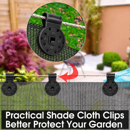Three black plastic clips securing a green mesh shade cloth to a wire, with an inset showing a close-up of one clip.