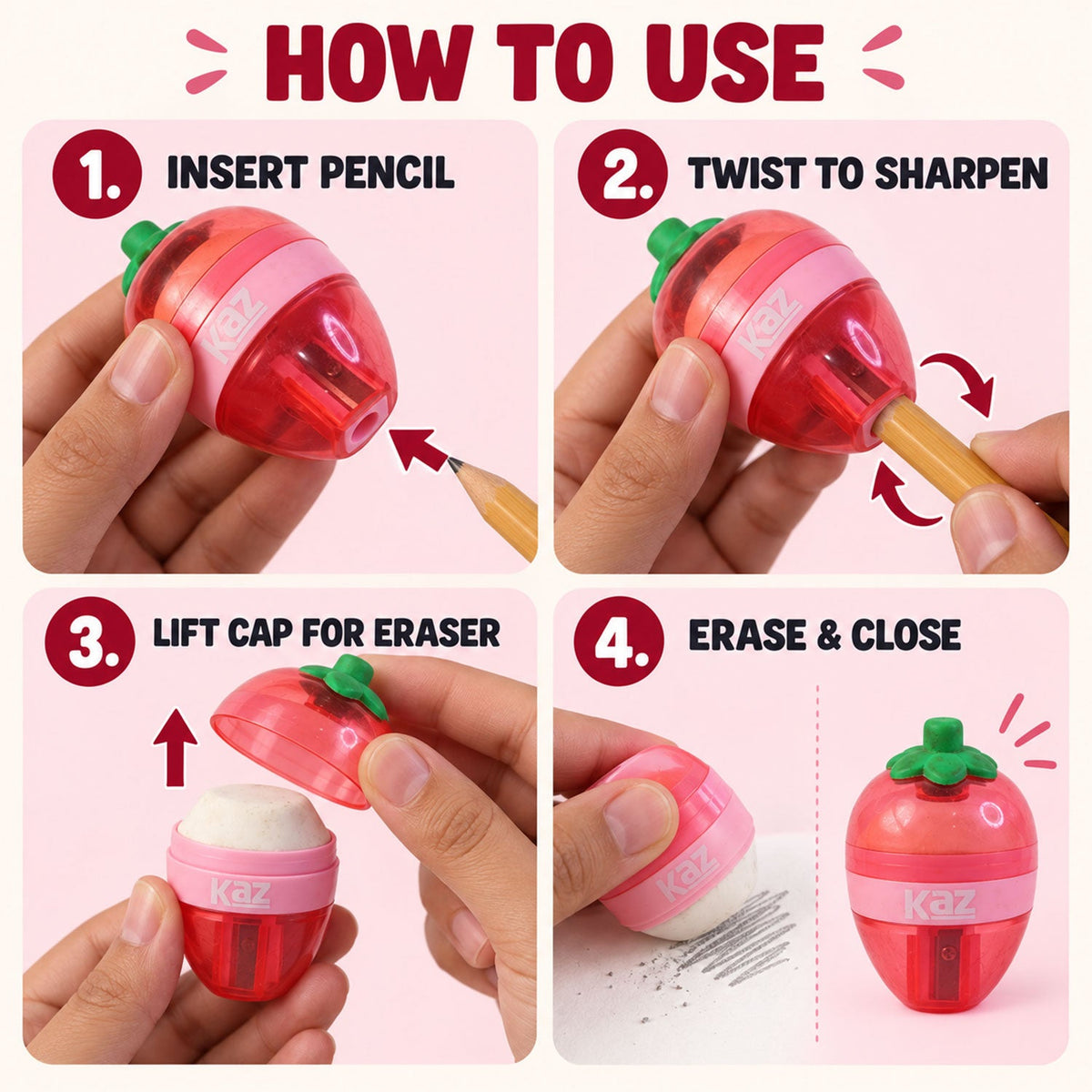 A four-panel graphic demonstrating how to insert a pencil, twist to sharpen, lift the cap for the eraser, and erase.