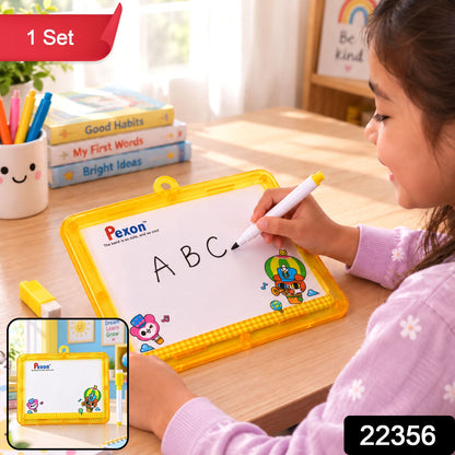 A young girl with dark hair writes “ABC” on a yellow-framed Pexon writing board with a white marker. A small yellow – view 2