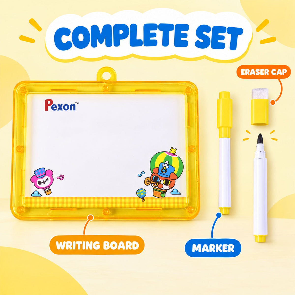 A yellow-framed Pexon writing board with a yellow marker and a yellow eraser cap. Text labels identify each component as a