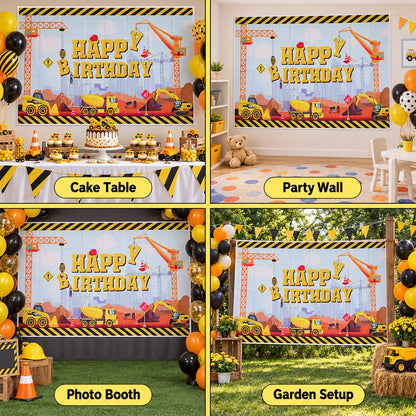 Four different scenes showing the construction-themed birthday banner used as a cake table backdrop, party wall, photo