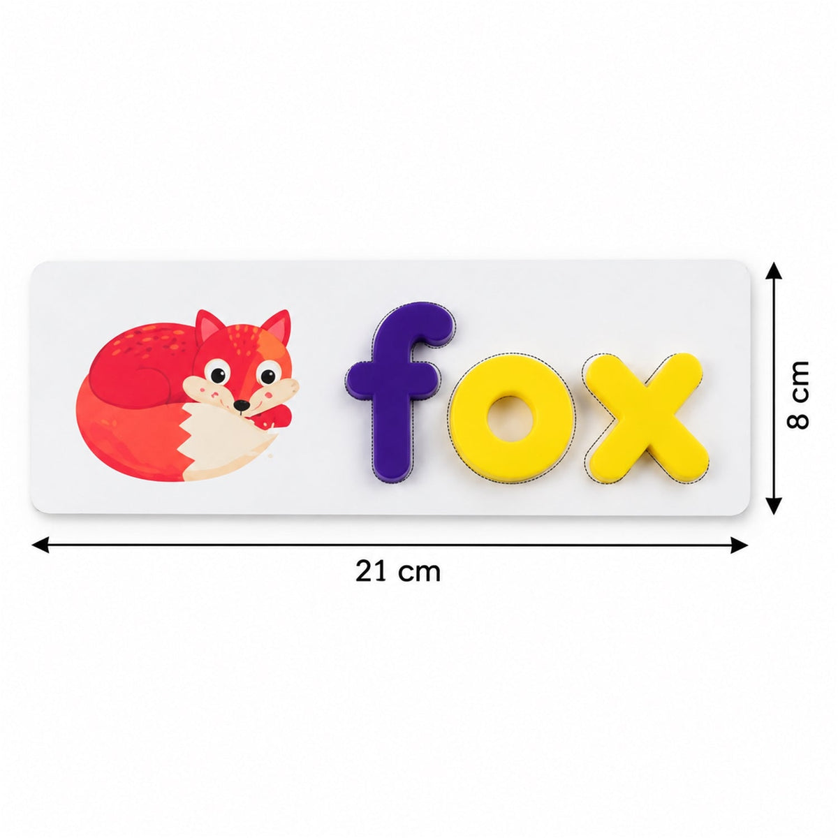 A white word puzzle card with a red fox illustration and the word “fox” spelled out in purple and yellow letters, with
