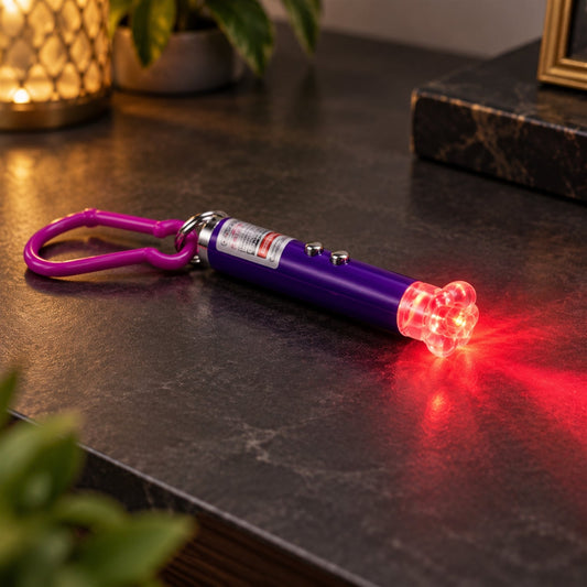 A purple laser pointer keychain with a clear flower cap illuminates a red light pattern on a dark surface.