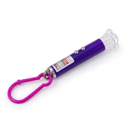 A purple laser pointer keychain with a clear flower cap and pink clip is displayed on a white background.