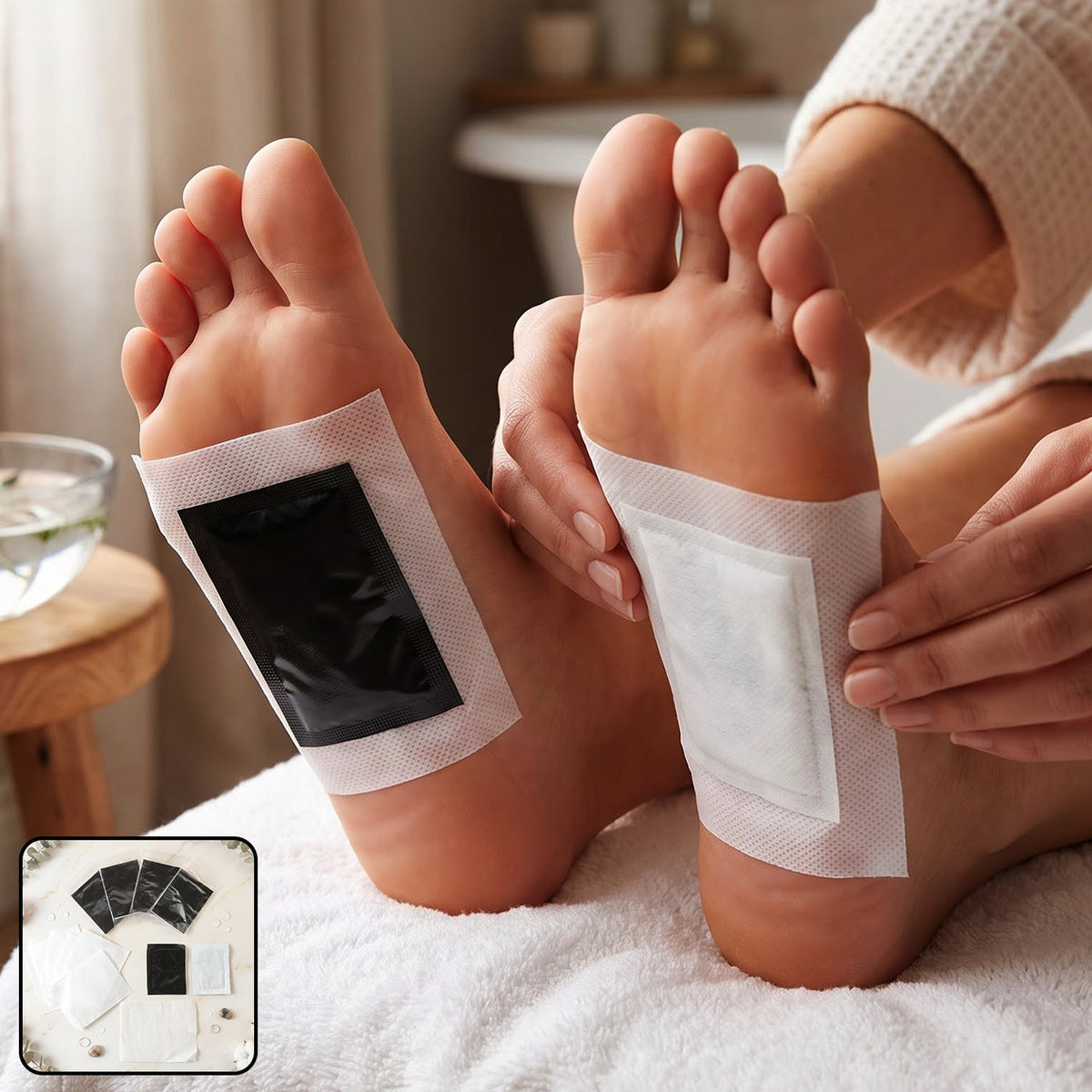 A person's feet with black and white foot pads applied, resting on a white towel in a bathroom setting