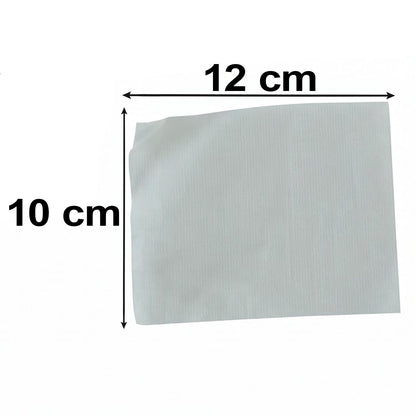 An arrangement of white adhesive sheets and black foot pad sachets laid out on a white background.