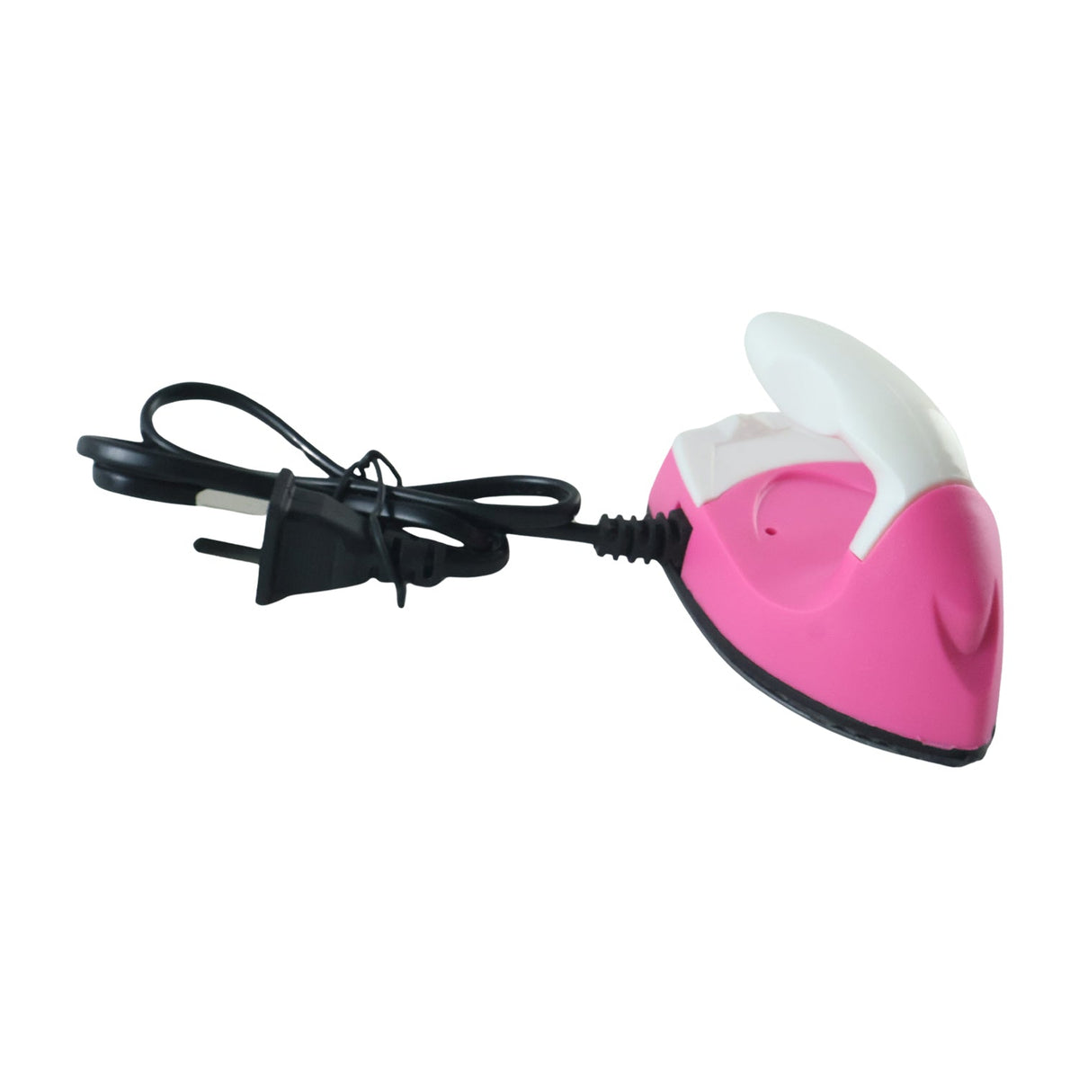 A side view of a pink and white mini iron with its black power cord and plug on a white background.