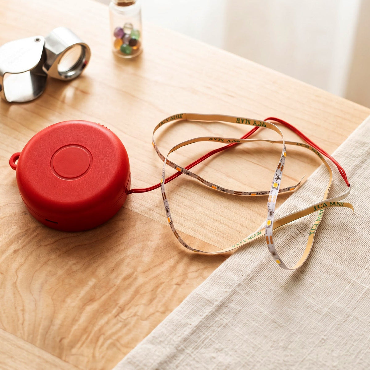 A red battery pack with a coiled LED strip light and red wire sits on a light wooden table next to a magnifying glass.