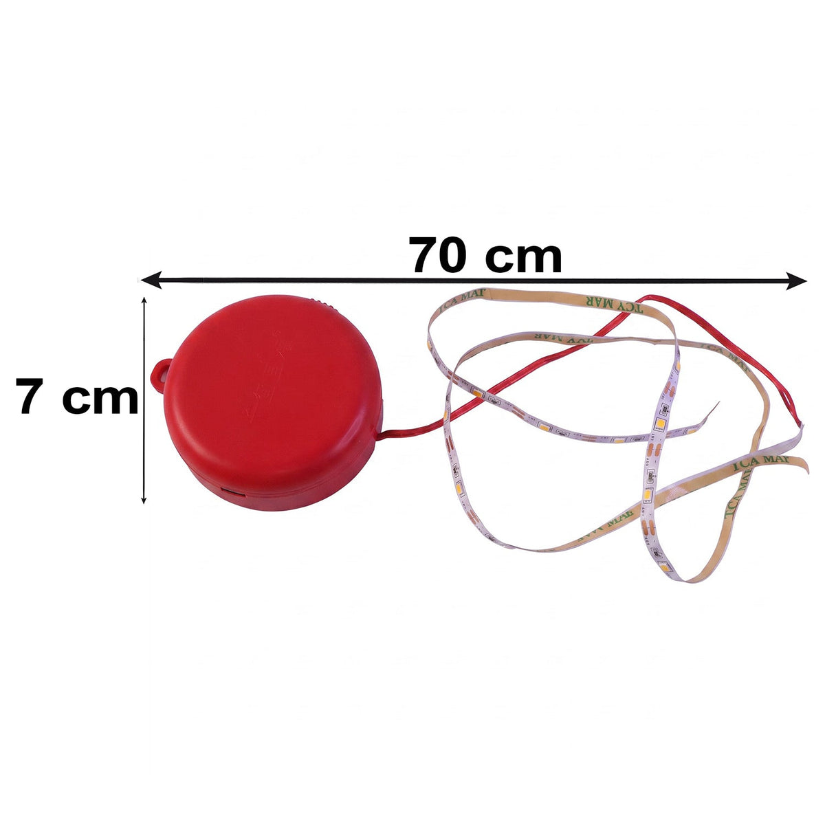 A red battery pack and LED strip light with dimensions of 7 cm for the pack and 70 cm for the strip shown on white.