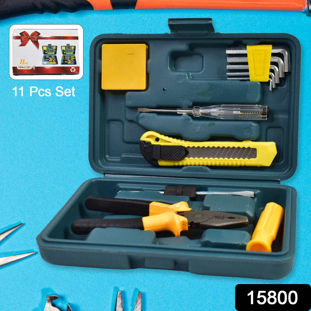 Open teal tool kit on a blue background, showing various yellow and black tools, with a small box graphic in the upper left
