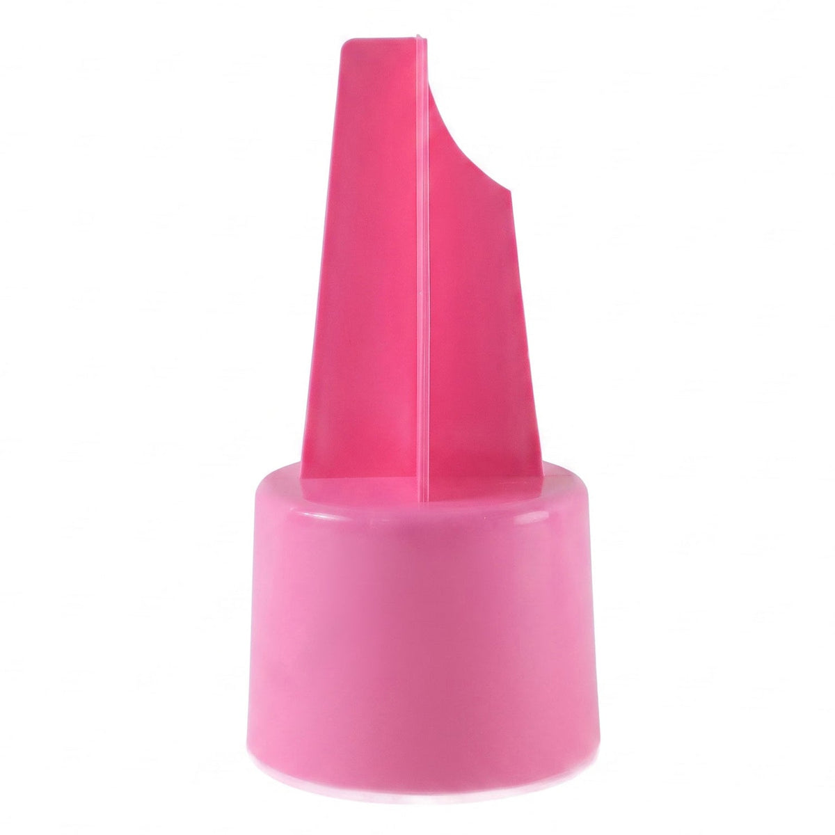 A close-up of the pink plastic ground stake cup holder on a white background, showing its unique shape.