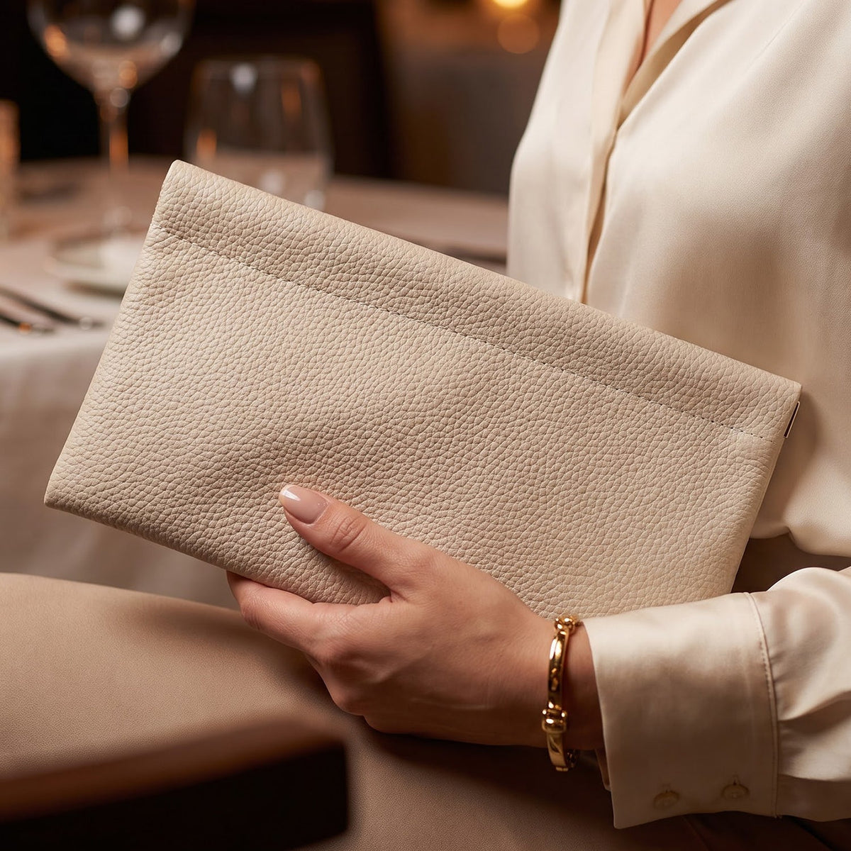 A woman in a cream blouse and gold bracelet holding a cream textured faux leather pouch on her lap at a restaurant table.
