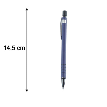 A blue mechanical pencil stands upright on a white background with a vertical arrow indicating its length of 14.5 cm.
