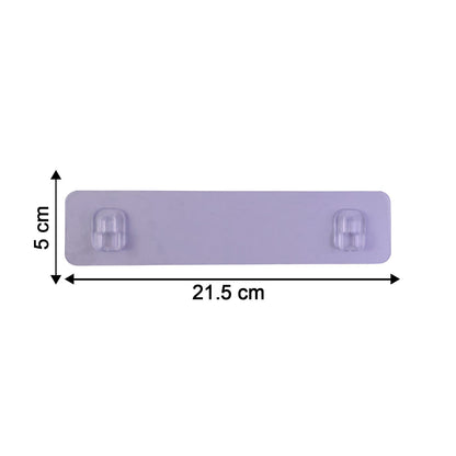 A clear adhesive wall hook strip with two hooks on a white background, showing dimensions of 21.5 cm length and 5 cm width.