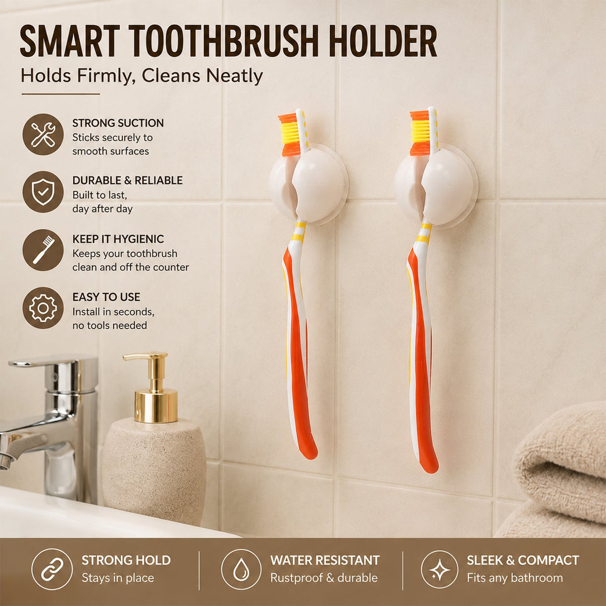 Two white toothbrush holder clips on a tiled wall, each holding a toothbrush, with text highlighting features like strong