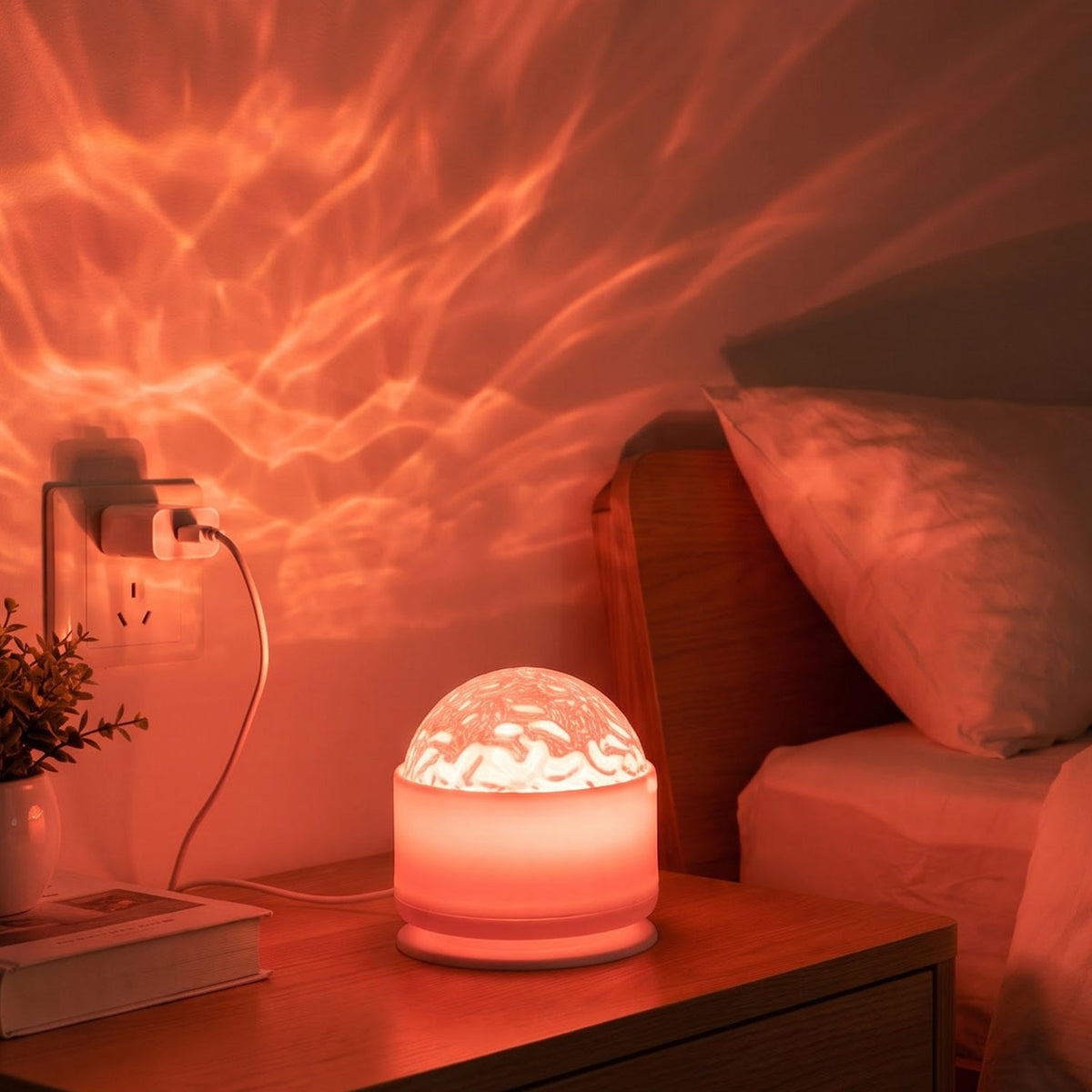 A white LED projection light on a bedside table, projecting red wavy patterns onto the wall and ceiling.