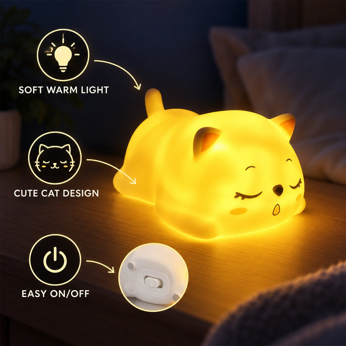 Detailed view of sleeping cat night light features
