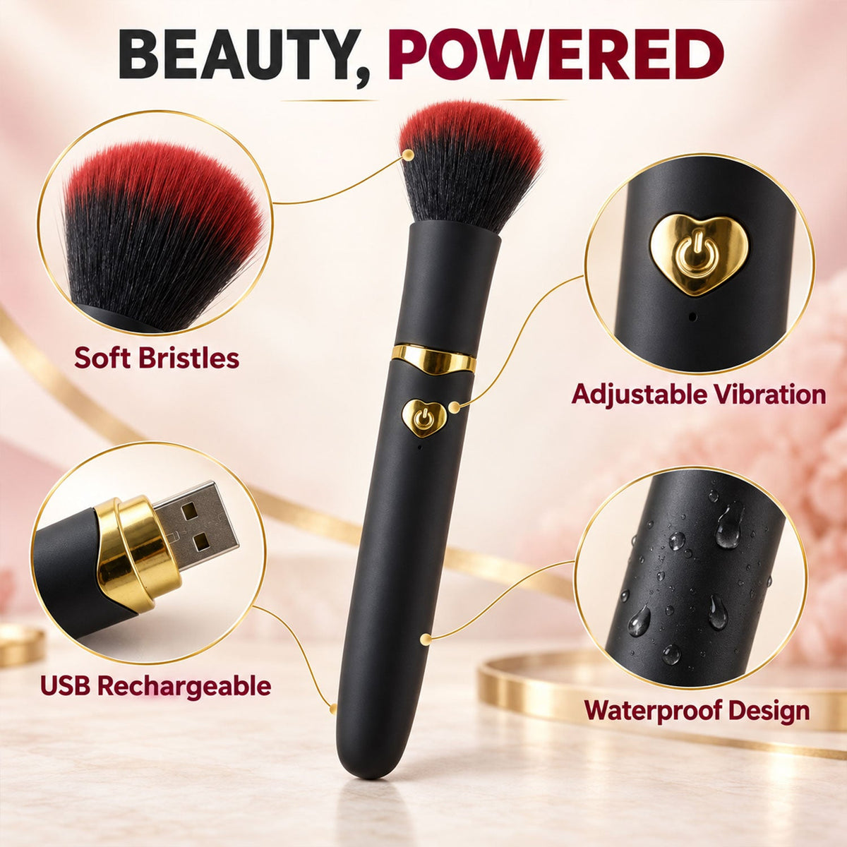 A black and red makeup brush with gold accents is shown with callouts for velvety soft bristles, polished gold-tone details,