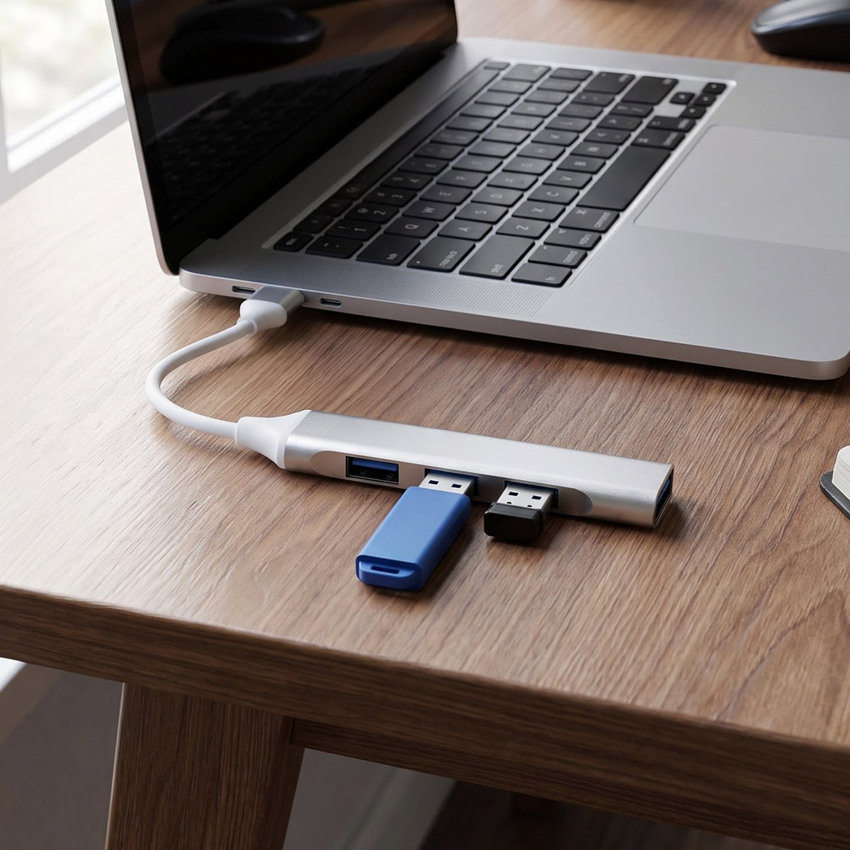 Silver 4-port USB hub connected to a laptop, with a blue USB drive and a black USB receiver plugged in.