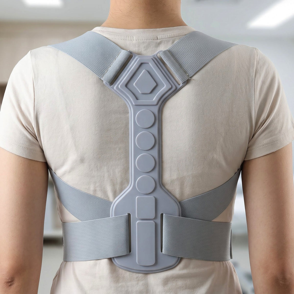 Back view of a person wearing a light gray posture corrector with a rigid central support and elastic straps. – view 3
