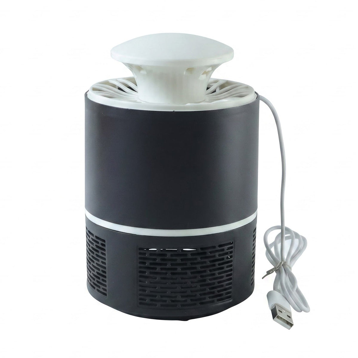 Black and white mosquito killer lamp with its USB cable coiled, isolated on a white background.