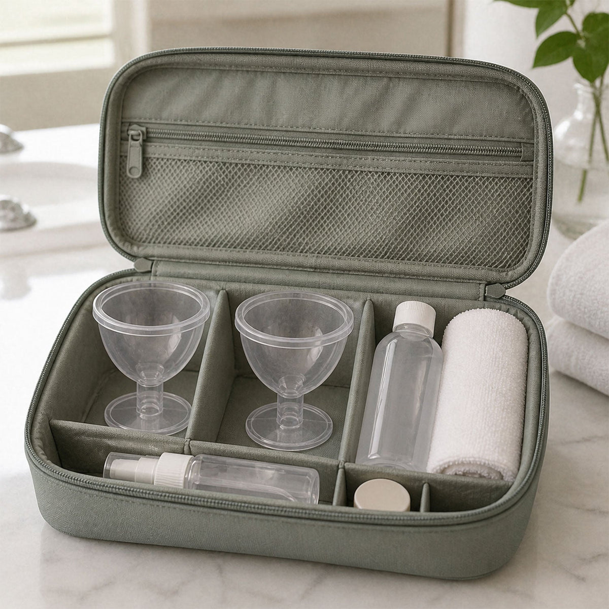 Transparent eye wash cups neatly stored in a travel organizer