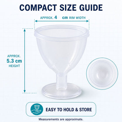 A single transparent eye wash cup with measurement lines indicating an approximate 4 cm rim width and 5.3 cm height.