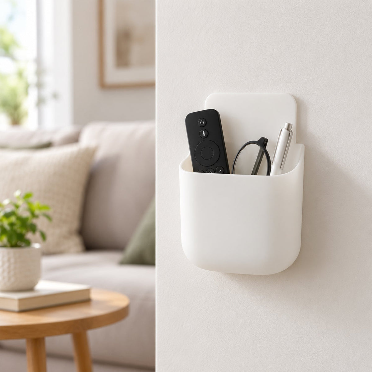 White adhesive organizer mounted on a wall, holding a black remote, glasses, and a silver pen.