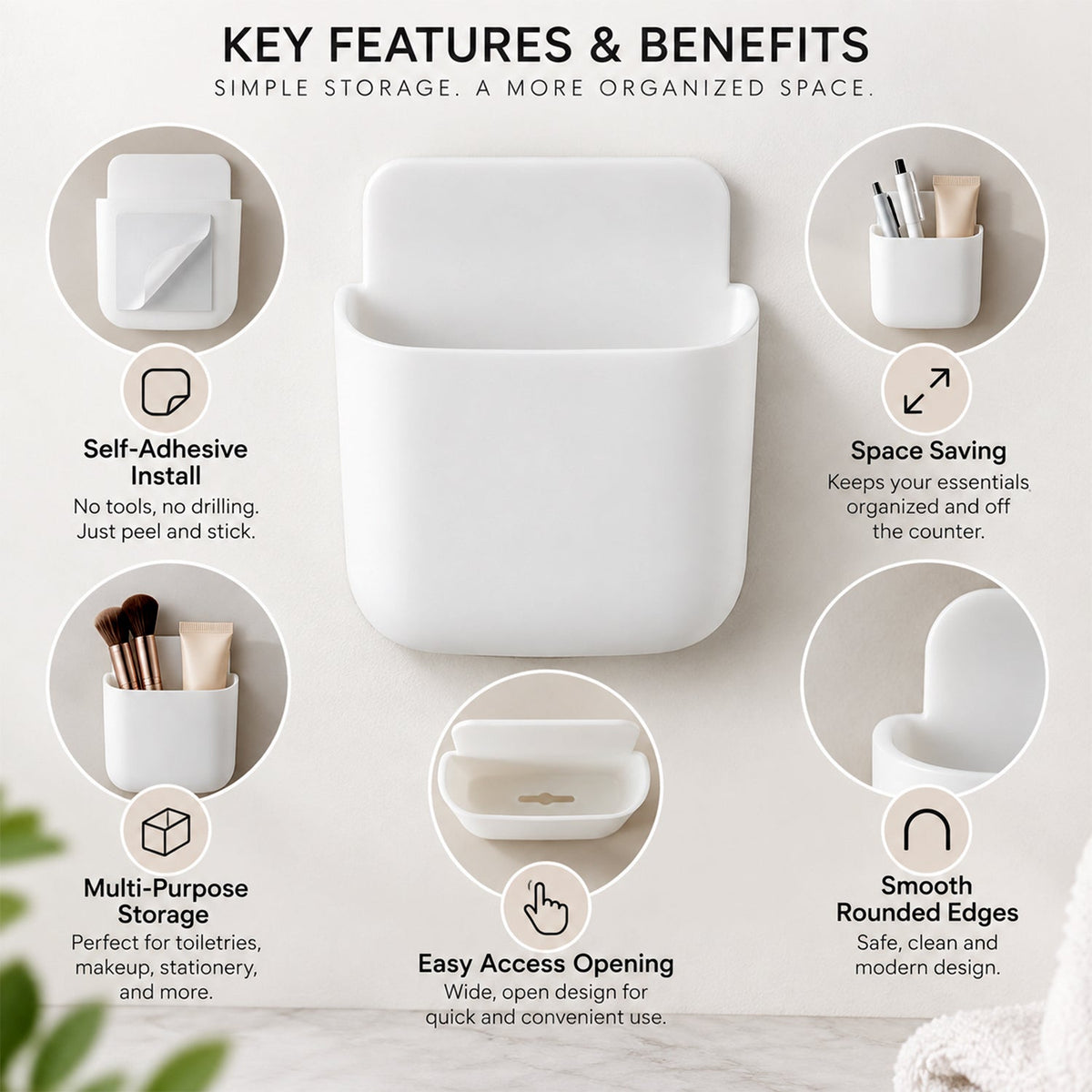 Infographic displaying key features of the white adhesive organizer, including self-install and multi-purpose storage.