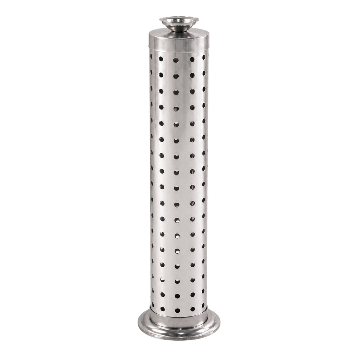 A sleek, silver-toned metal incense stick holder with a perforated cylindrical body and a small top bowl is presented on a