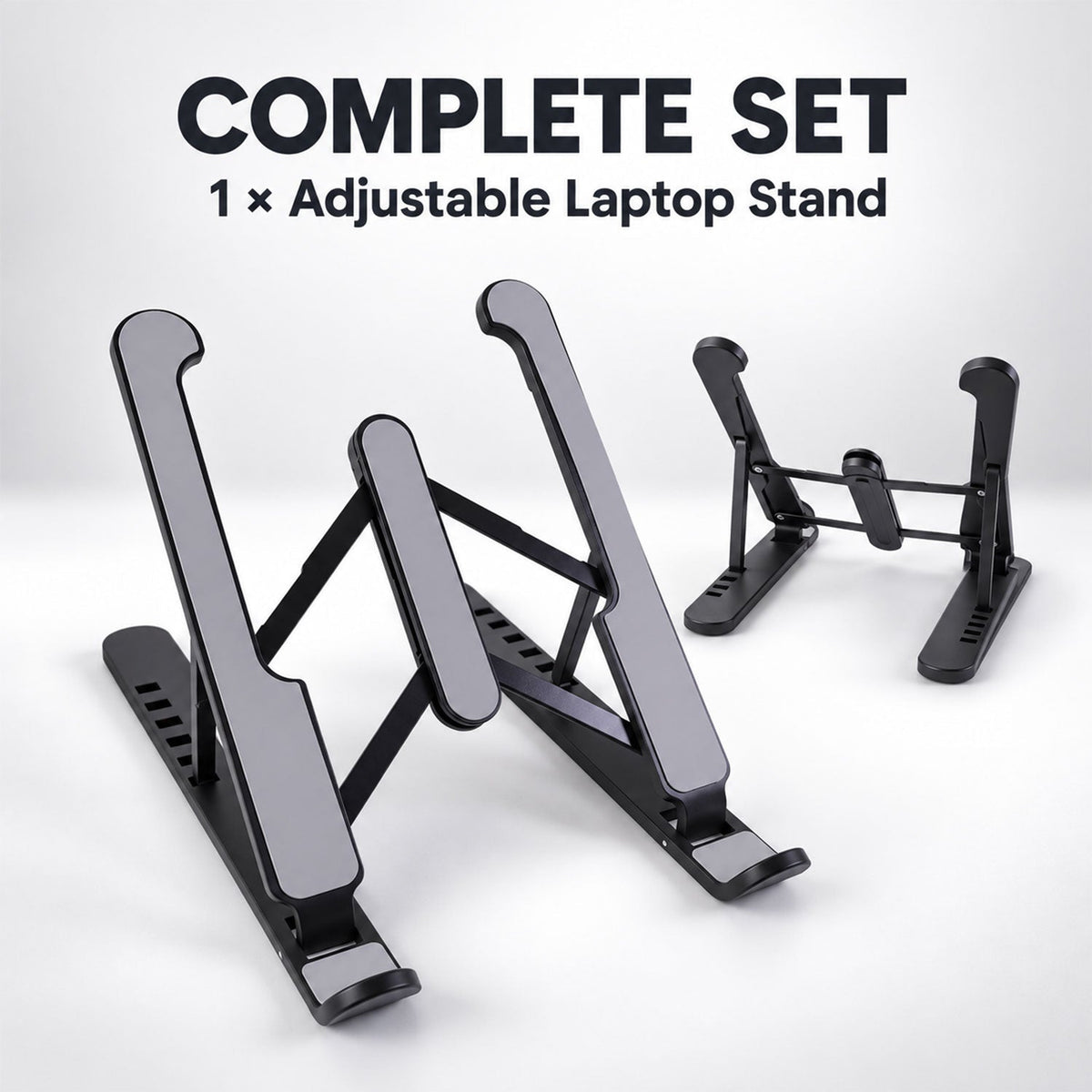 Two black and gray adjustable stands are shown, one unfolded and one folded, on a light gray surface.