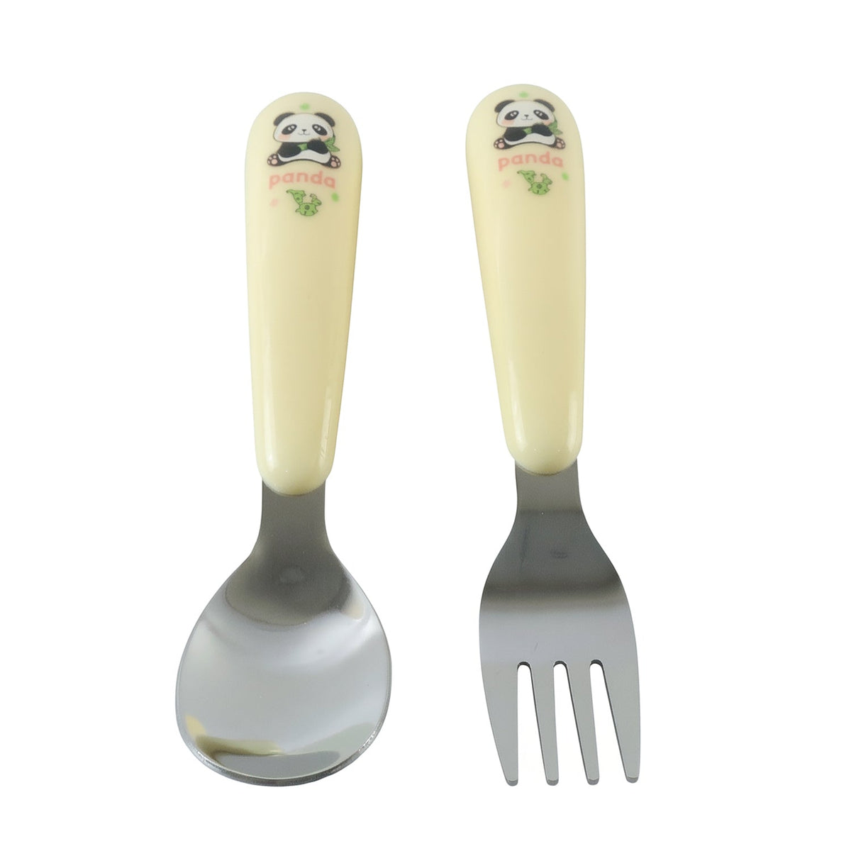 A yellow and silver panda-themed spoon and fork set is displayed upright against a plain white background.