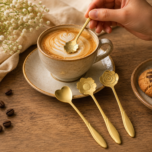 A hand stirs a latte with a gold flower-shaped spoon, three other decorative spoons rest on a wooden table.