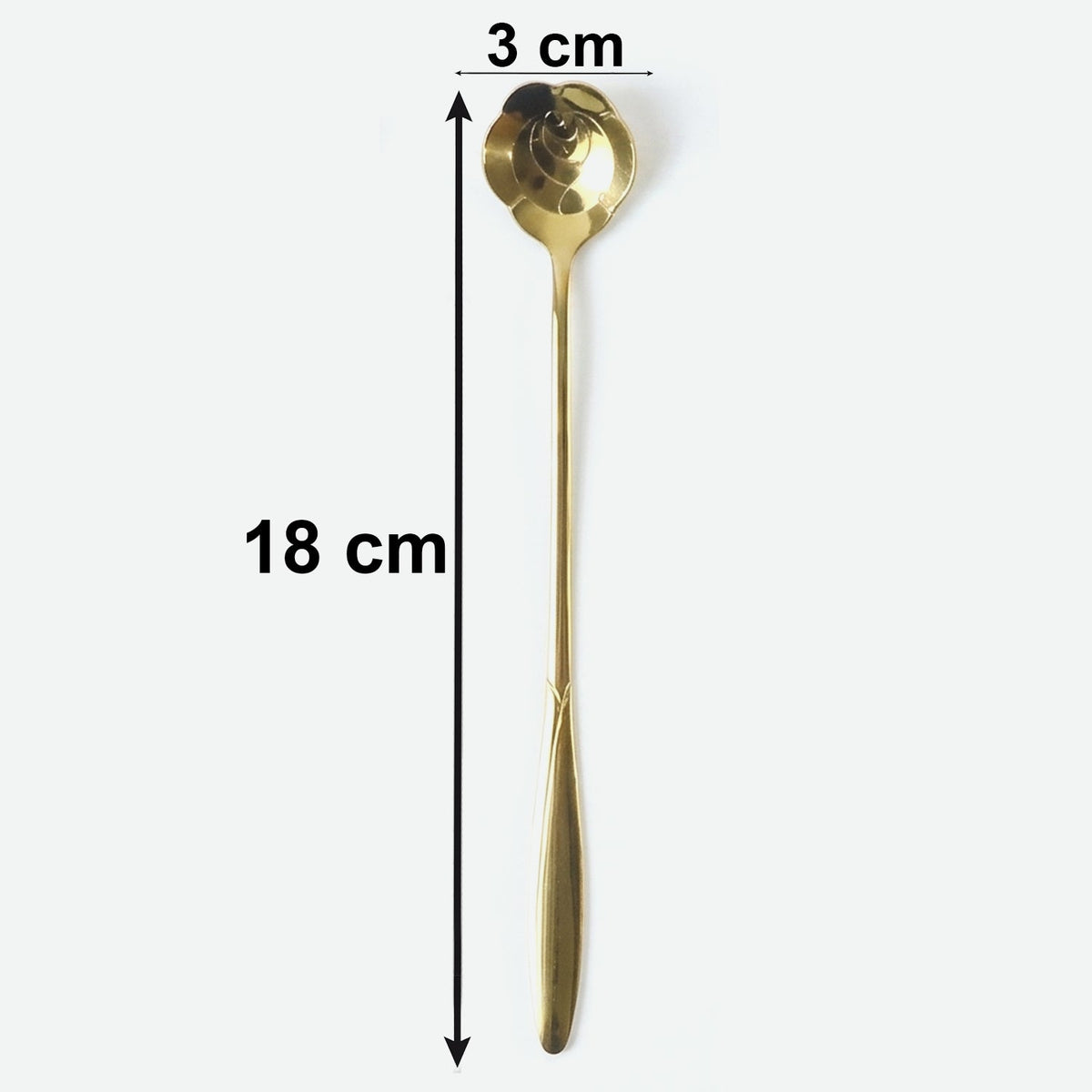 A single gold rose-shaped spoon with measurements indicating it is 18 cm long and 3 cm wide.