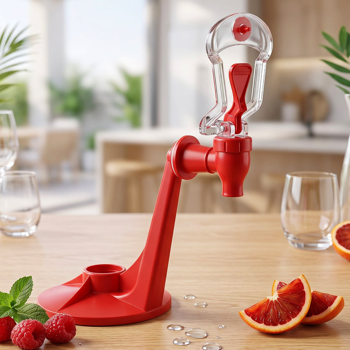 A red plastic beverage dispenser with a clear tap, surrounded by fresh raspberries, mint, and orange slices.