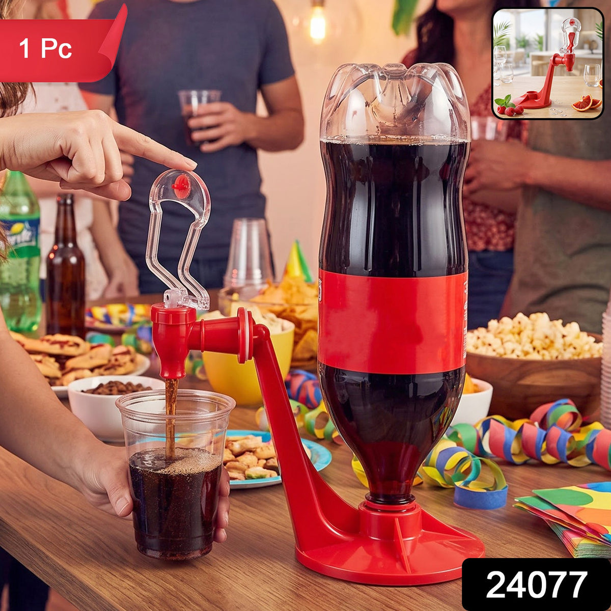 A red plastic beverage dispenser with an inverted soda bottle, surrounded by party snacks and people.