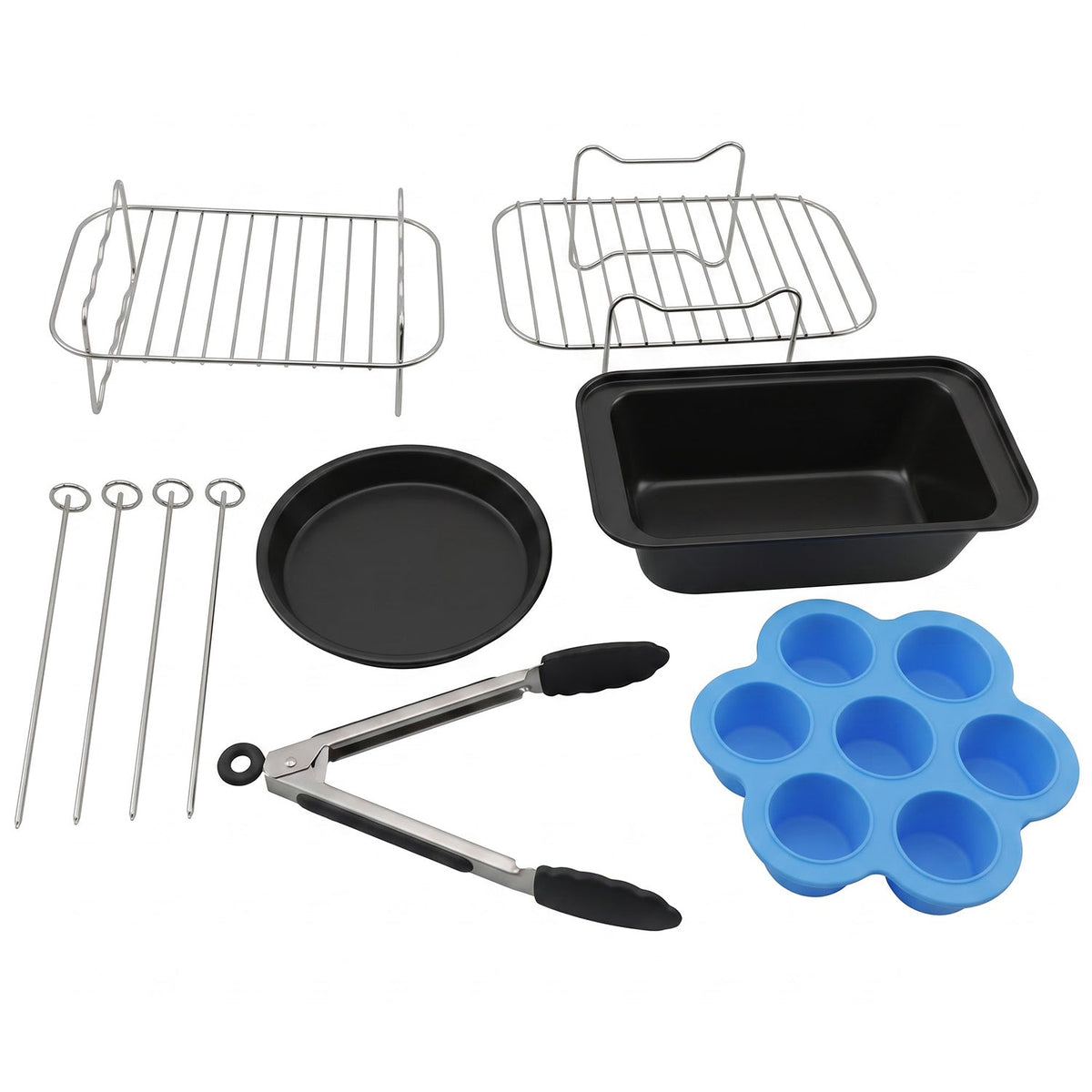 A complete set of air fryer accessories on a white background, including two metal racks, four skewers, a black round pan, a