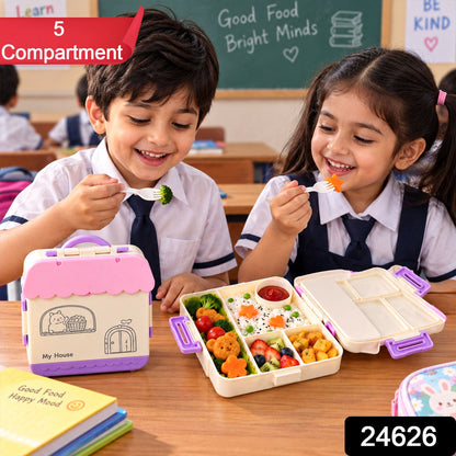 Two happy kids in a classroom setting enjoying their meal from a five-compartment house-shaped lunchbox.
